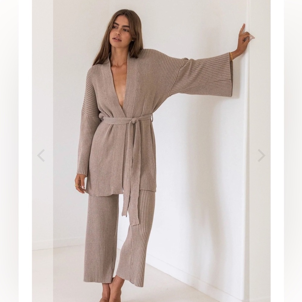 Bird & Kite Lucette Robe Sweater Bowie Ribbed Knit Wide Leg Pants Hazelnut